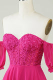 Fucsia Corsé A-Line Chiffon Vestido corto de bienvenida con encaje