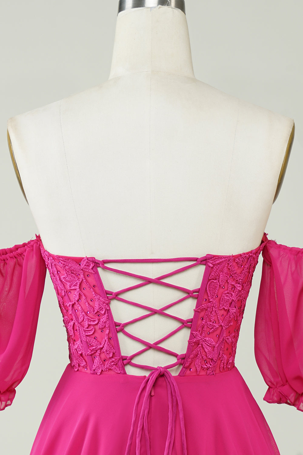 Fucsia Corsé A-Line Chiffon Vestido corto de bienvenida con encaje