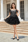 Corsé de cuentas negro brillante A-Line Vestido corto de bienvenida con plumas