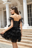 Corsé de cuentas negro brillante A-Line Vestido corto de bienvenida con plumas