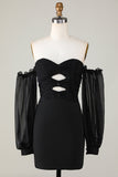Off The Shoulder Keyhole Vestido negro de bienvenida con abalorios