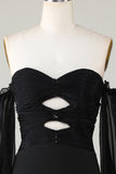 Off The Shoulder Keyhole Vestido negro de bienvenida con abalorios