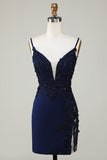 Sparkly Navy Corsé Tight Short Homecoming Dress con encaje