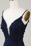 Sparkly Navy Corsé Tight Short Homecoming Dress con encaje