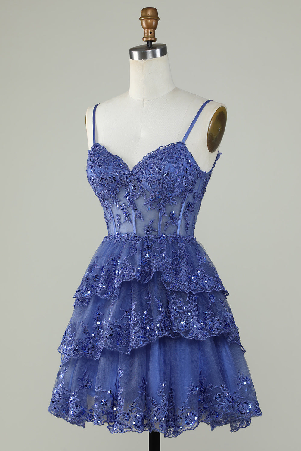 Lindo A Line Spaghetti Straps Dark Blue Sparkly Corset Homecoming Dress