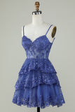 Lindo A Line Spaghetti Straps Dark Blue Sparkly Corset Homecoming Dress