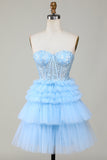 Lindo A-Line Sweetheart Corsé azul Vestido corto de bienvenida con volantes