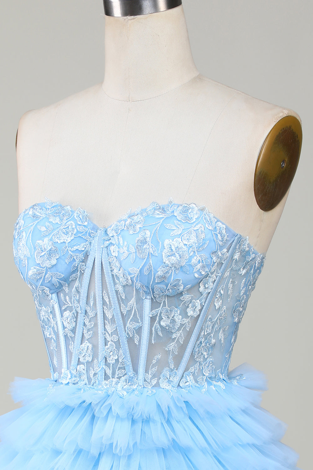 Lindo A-Line Sweetheart Corsé azul Vestido corto de bienvenida con volantes