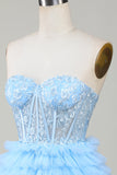 Lindo A-Line Sweetheart Corsé azul Vestido corto de bienvenida con volantes