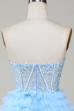 Lindo A-Line Sweetheart Corsé azul Vestido corto de bienvenida con volantes