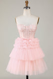 A-Línea Rosa Vestido de Cóctel Con Volantes