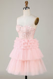 A-Línea Rosa Vestido de Cóctel Con Volantes