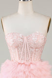 A-Línea Rosa Vestido de Cóctel Con Volantes