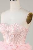 A-Línea Rosa Vestido de Cóctel Con Volantes