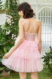 A-Línea  Escote Corazón Rosa Vestido Corto de Cóctel