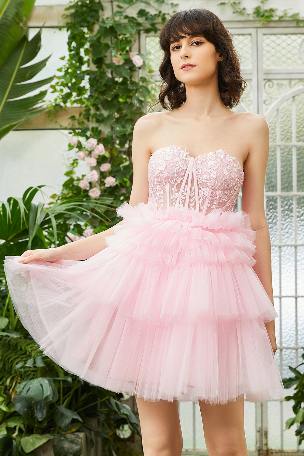 A-Línea  Escote Corazón Rosa Vestido Corto de Cóctel