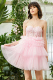 A-Línea  Escote Corazón Rosa Vestido Corto de Cóctel
