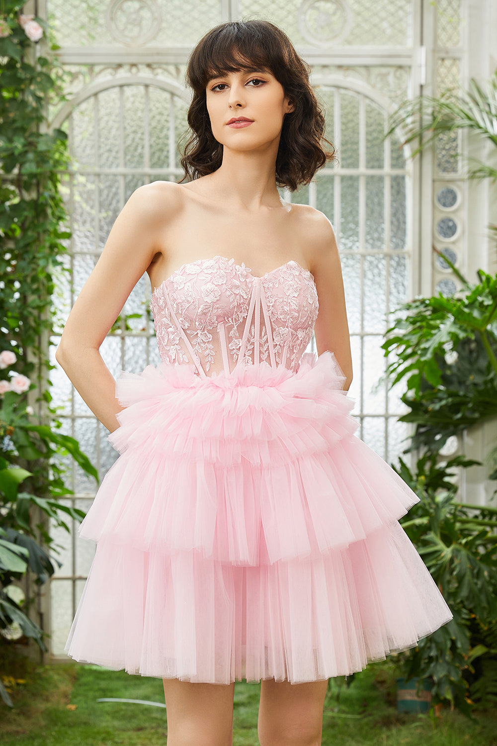 A-Línea  Escote Corazón Rosa Vestido Corto de Cóctel