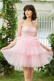 A-Línea  Escote Corazón Rosa Vestido Corto de Cóctel