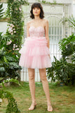 A-Línea  Escote Corazón Rosa Vestido Corto de Cóctel