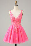 Fucsia lentejuelas V cuello sin espalda vestido corto de bienvenida