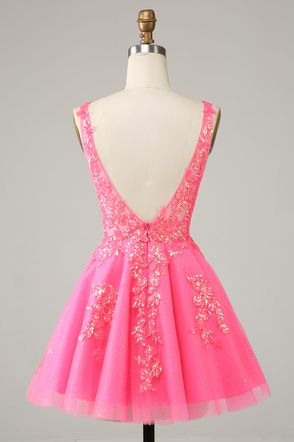 Fucsia lentejuelas V cuello sin espalda vestido corto de bienvenida