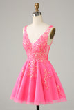 Fucsia lentejuelas V cuello sin espalda vestido corto de bienvenida