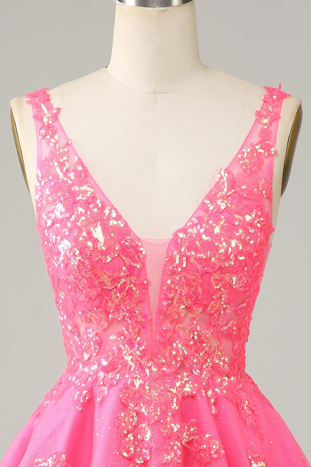 Fucsia lentejuelas V cuello sin espalda vestido corto de bienvenida