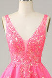 Fucsia lentejuelas V cuello sin espalda vestido corto de bienvenida