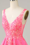 Fucsia lentejuelas V cuello sin espalda vestido corto de bienvenida