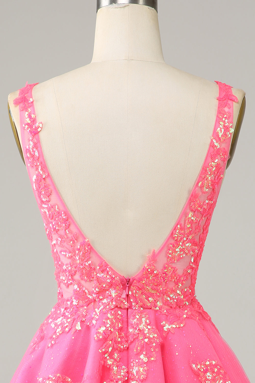 Fucsia lentejuelas V cuello sin espalda vestido corto de bienvenida