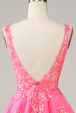 Fucsia lentejuelas V cuello sin espalda vestido corto de bienvenida