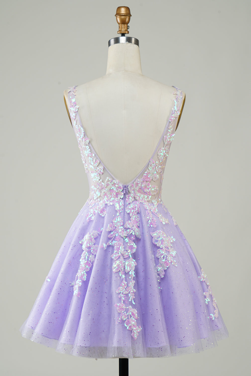 Fucsia lentejuelas V cuello sin espalda vestido corto de bienvenida