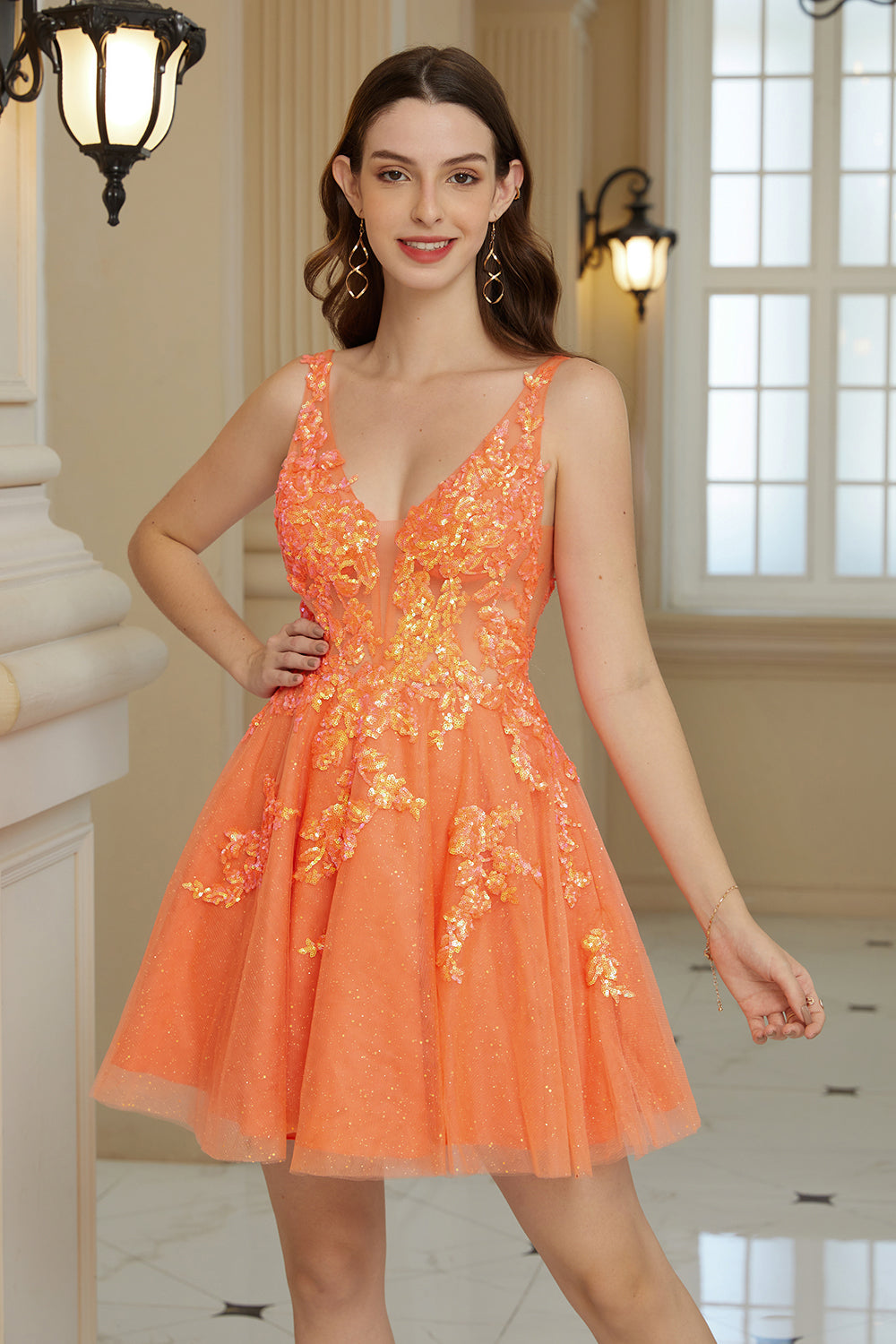 Naranja A Línea Vestido de Cóctel de Lentejuelas