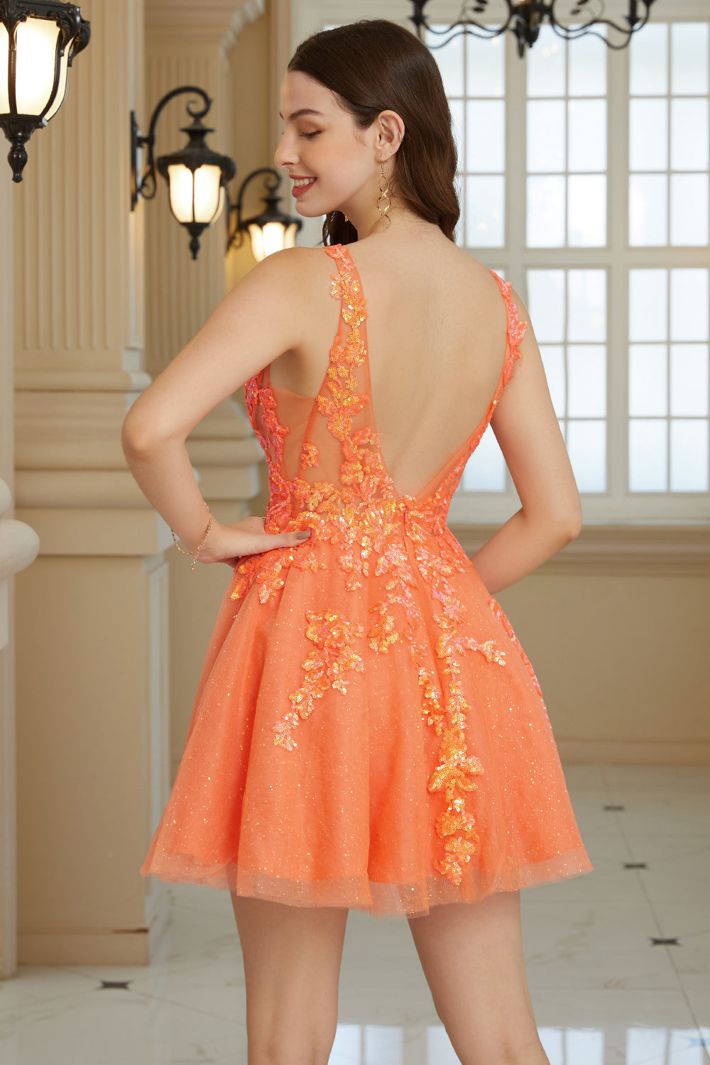 Naranja A Línea Vestido de Cóctel de Lentejuelas