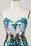 Vestido corto de lentejuelas azul brillante ajustado a casa