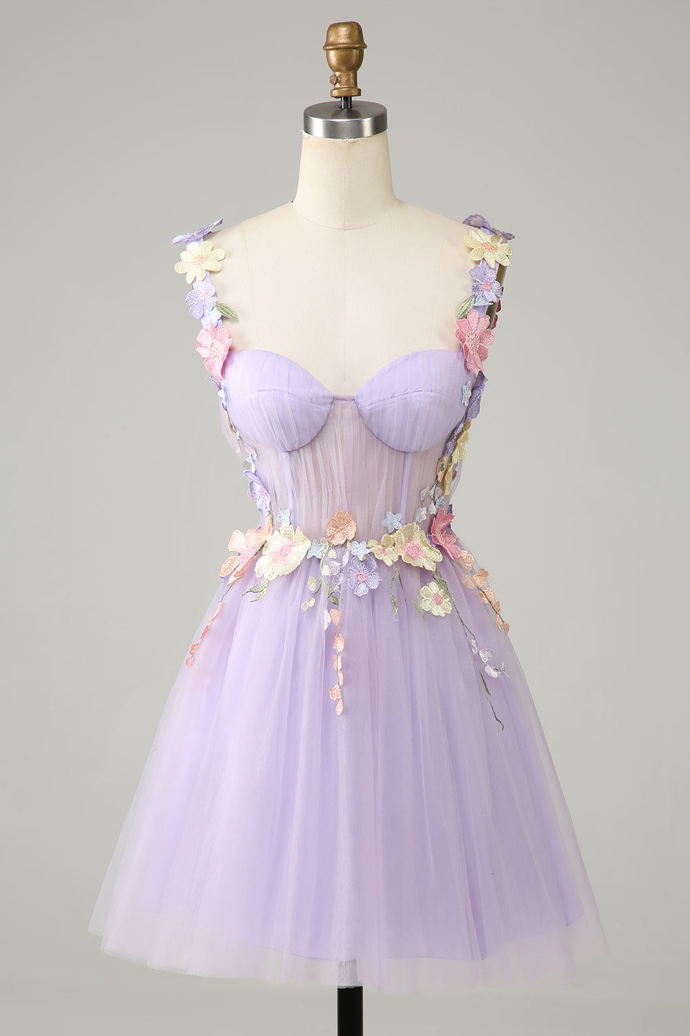 Correas de espagueti púrpura Tul Homecoming vestido con flores 3D