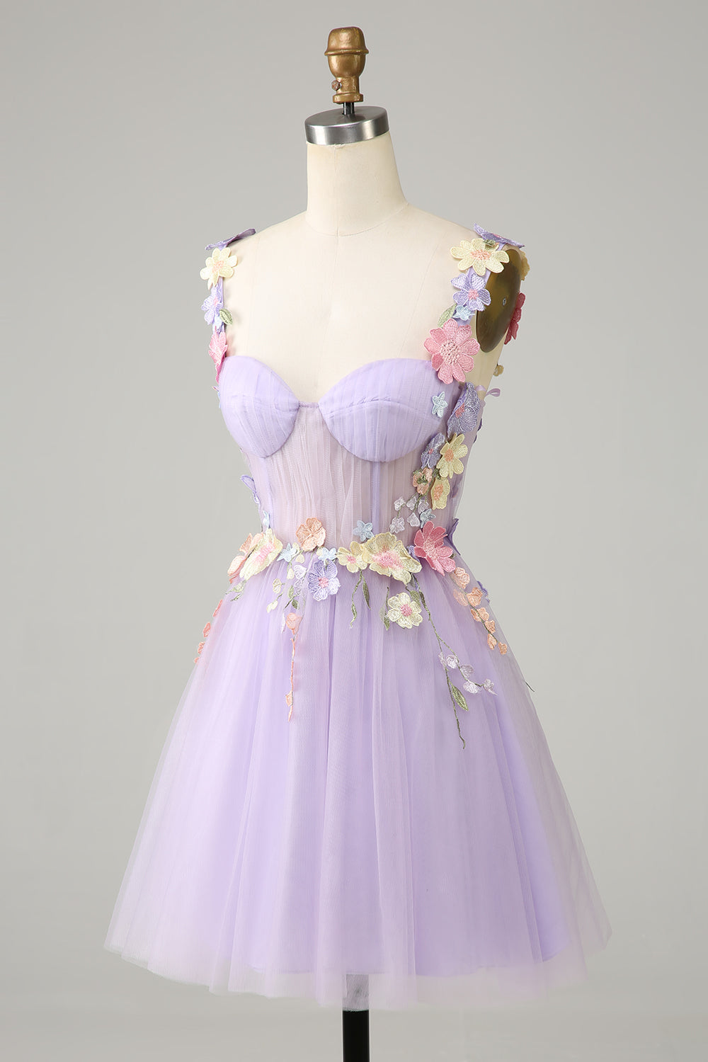 Correas de espagueti púrpura Tul Homecoming vestido con flores 3D
