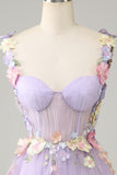 Correas de espagueti púrpura Tul Homecoming vestido con flores 3D