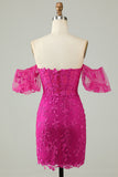 Fucsia Off the Shoulder Bodycon Appliques Homecoming Dress