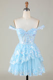 Corsé azul brillante Encaje escalonado A-Line Vestido corto de bienvenida