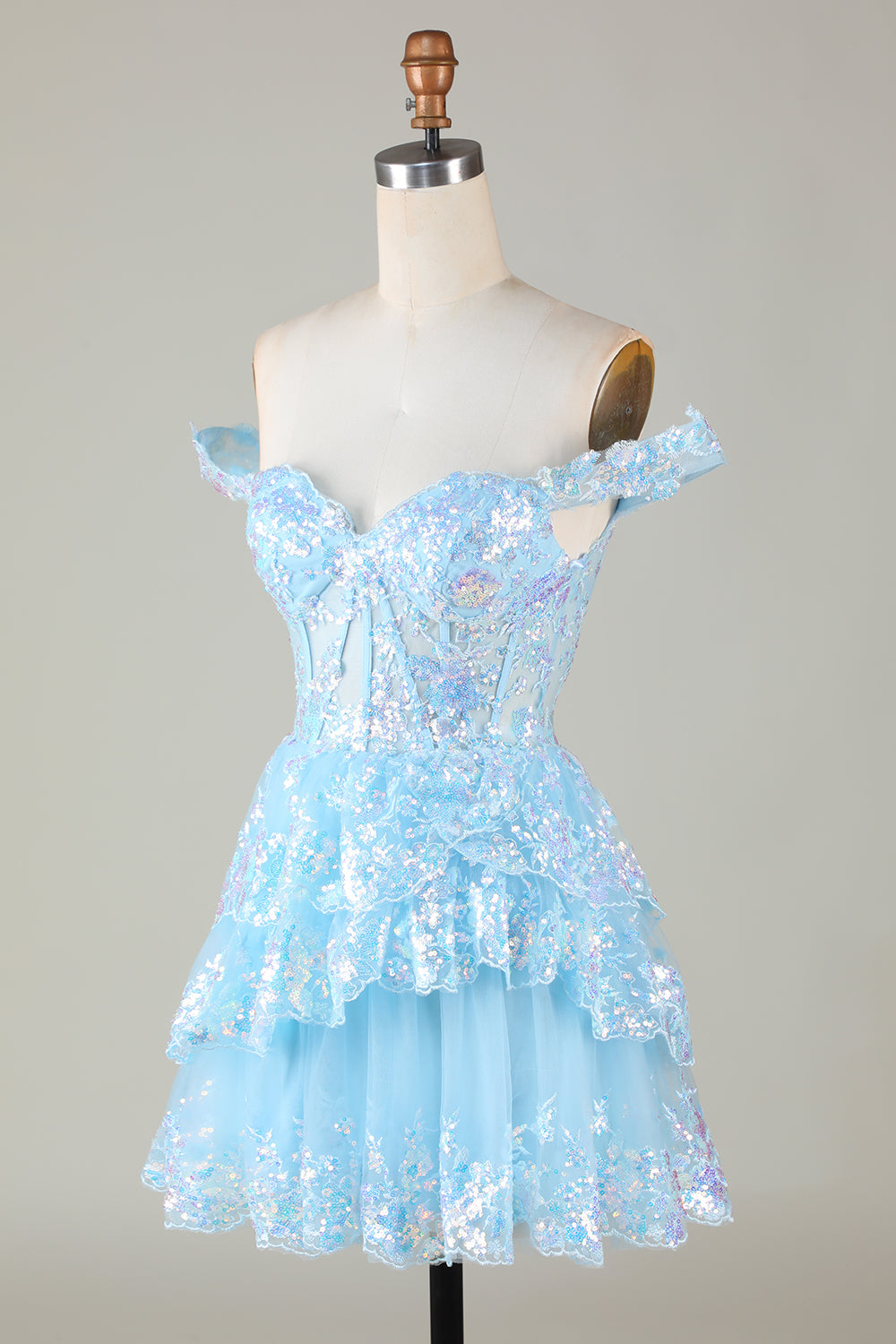 Corsé azul brillante Encaje escalonado A-Line Vestido corto de bienvenida