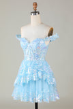 Corsé azul brillante Encaje escalonado A-Line Vestido corto de bienvenida