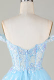 Corsé azul brillante Encaje escalonado A-Line Vestido corto de bienvenida