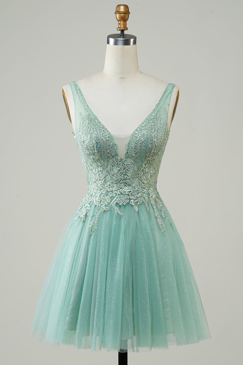 A Línea Vestido Verde Vestido de Cóctel con Apliques