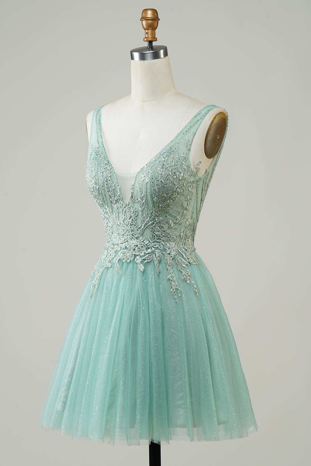 A Línea Vestido Verde Vestido de Cóctel con Apliques