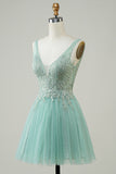 A Línea Vestido Verde Vestido de Cóctel con Apliques