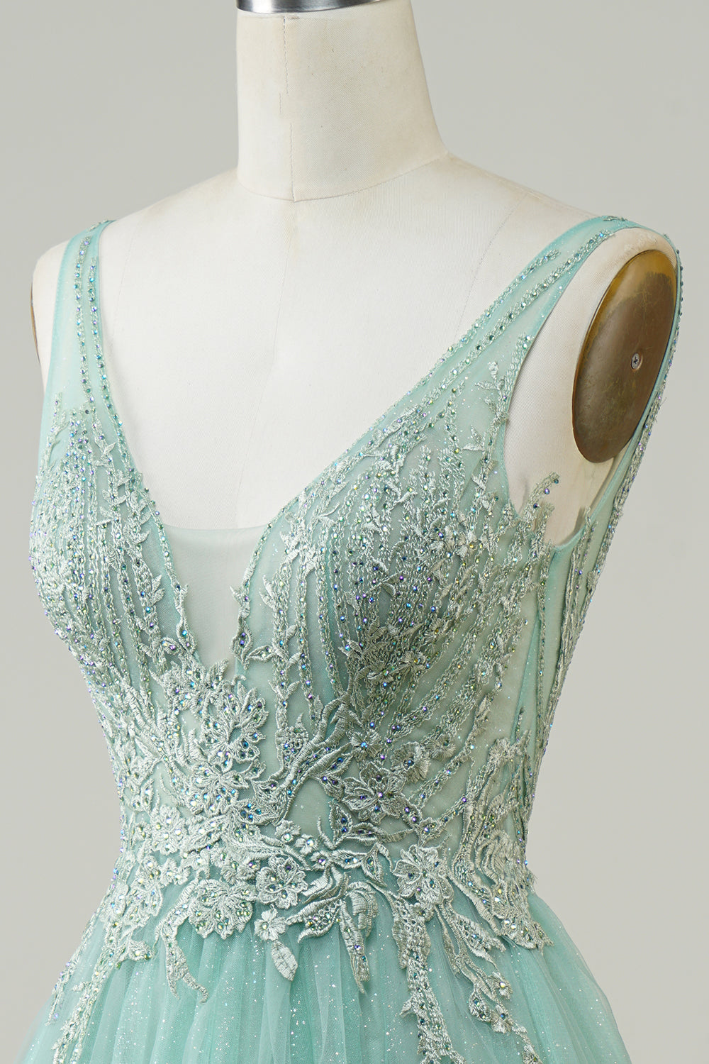 A Línea Vestido Verde Vestido de Cóctel con Apliques