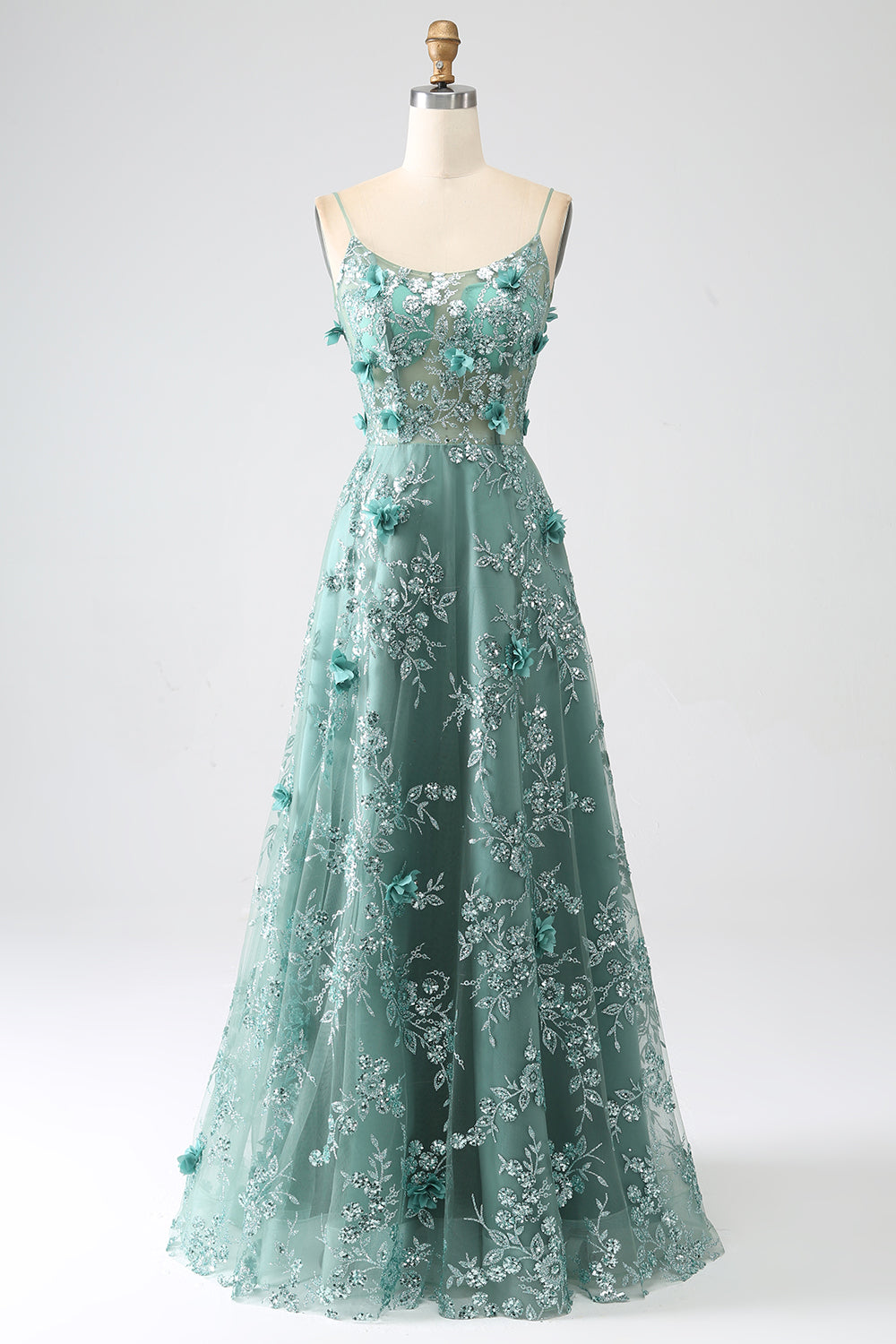 Vestido de fiesta largo con corsé de flores de encaje gris brillante