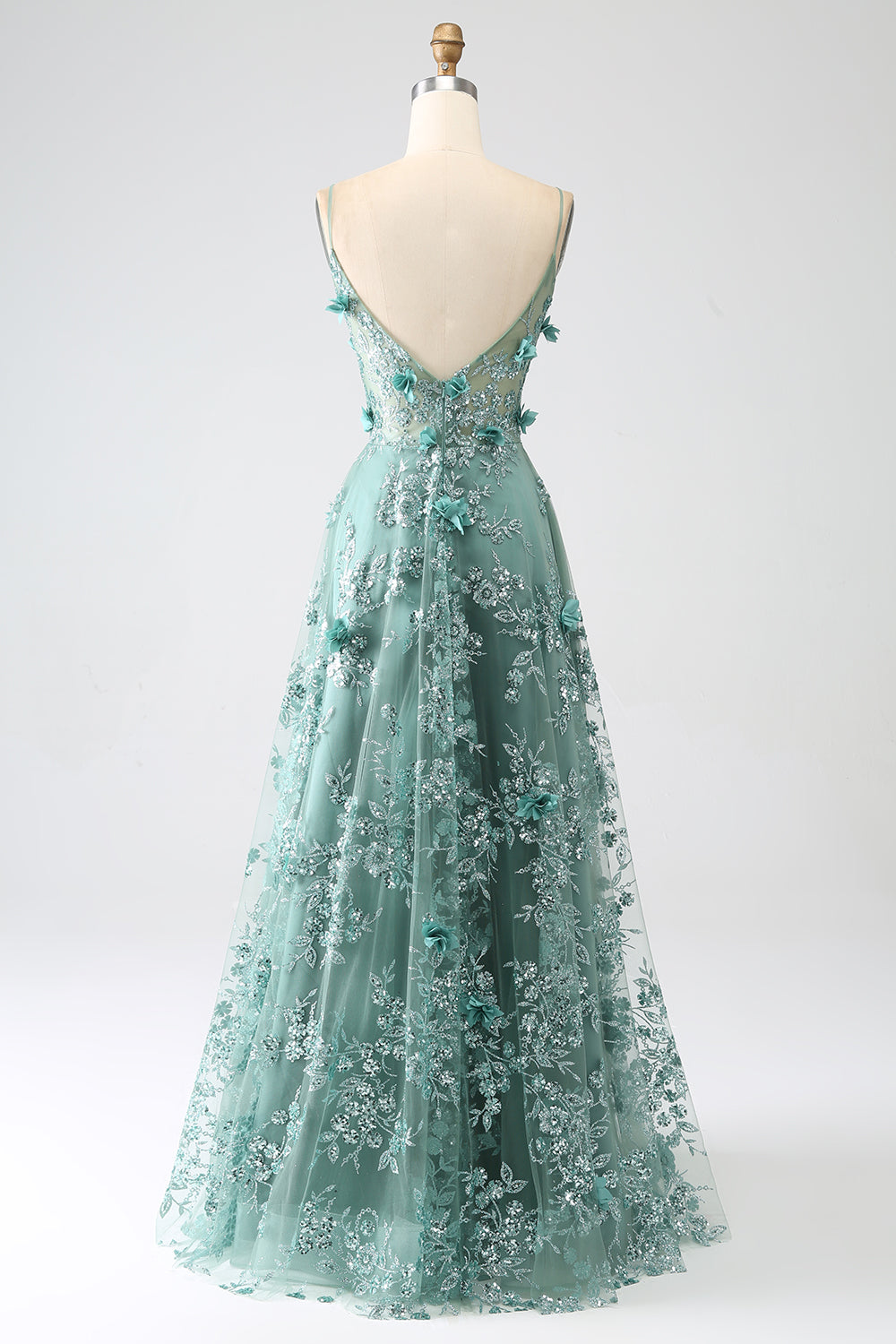Vestido de fiesta largo con corsé de flores de encaje gris brillante